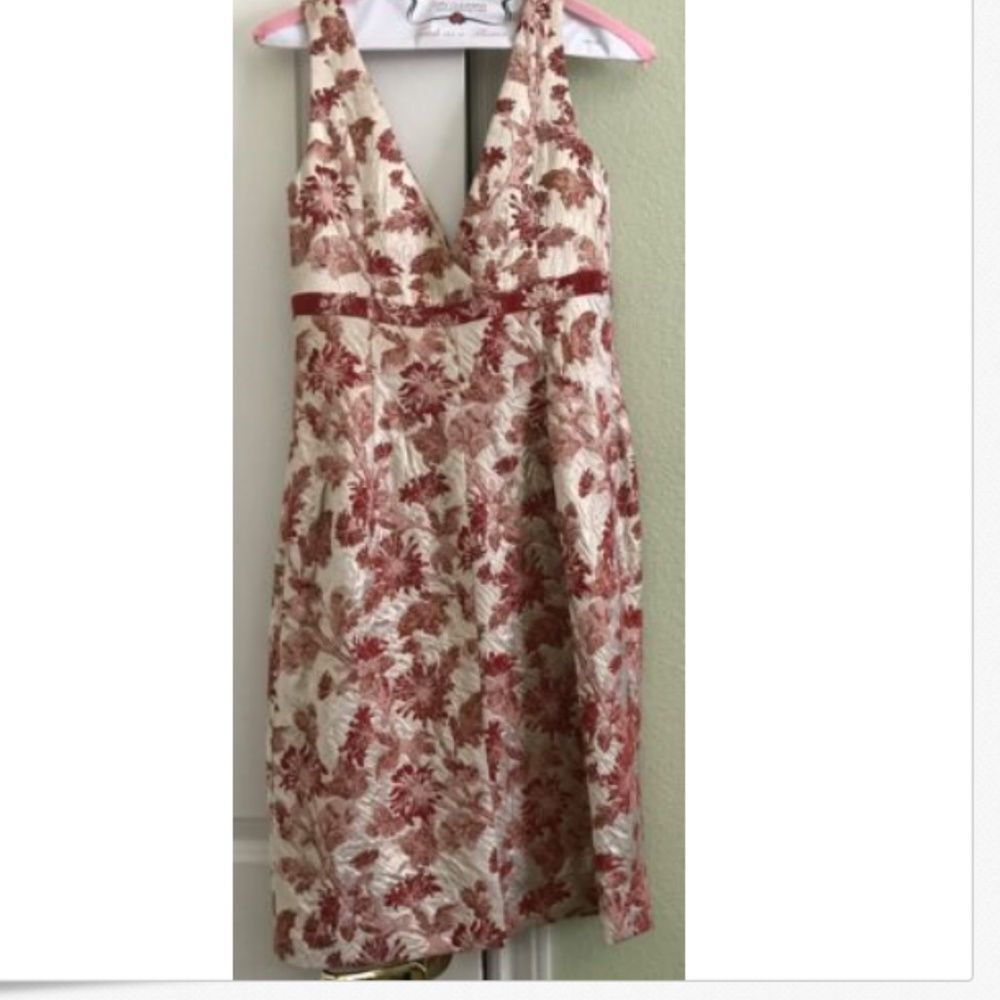 Carmen Marc Valvo Red and Gold Trim Floral Dress